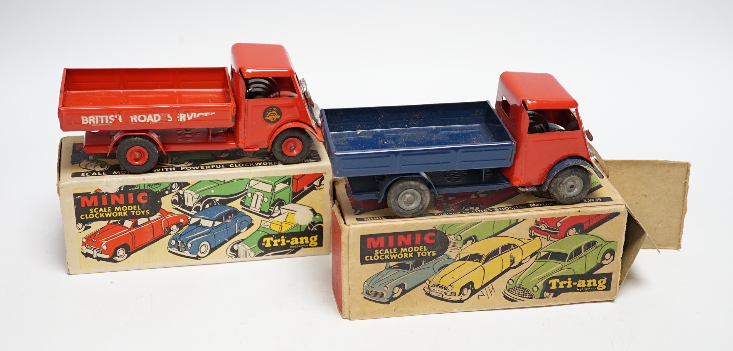 Two boxed Tri-ang Minic tinplate clockwork Delivery Lorries, one example, in British Road Services livery